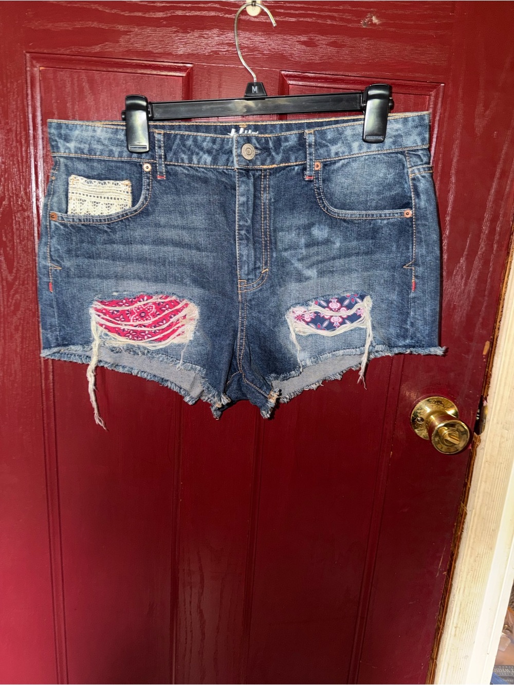 tokyo Darling Distressed Denim Shorts with Bandana Patches - Blue